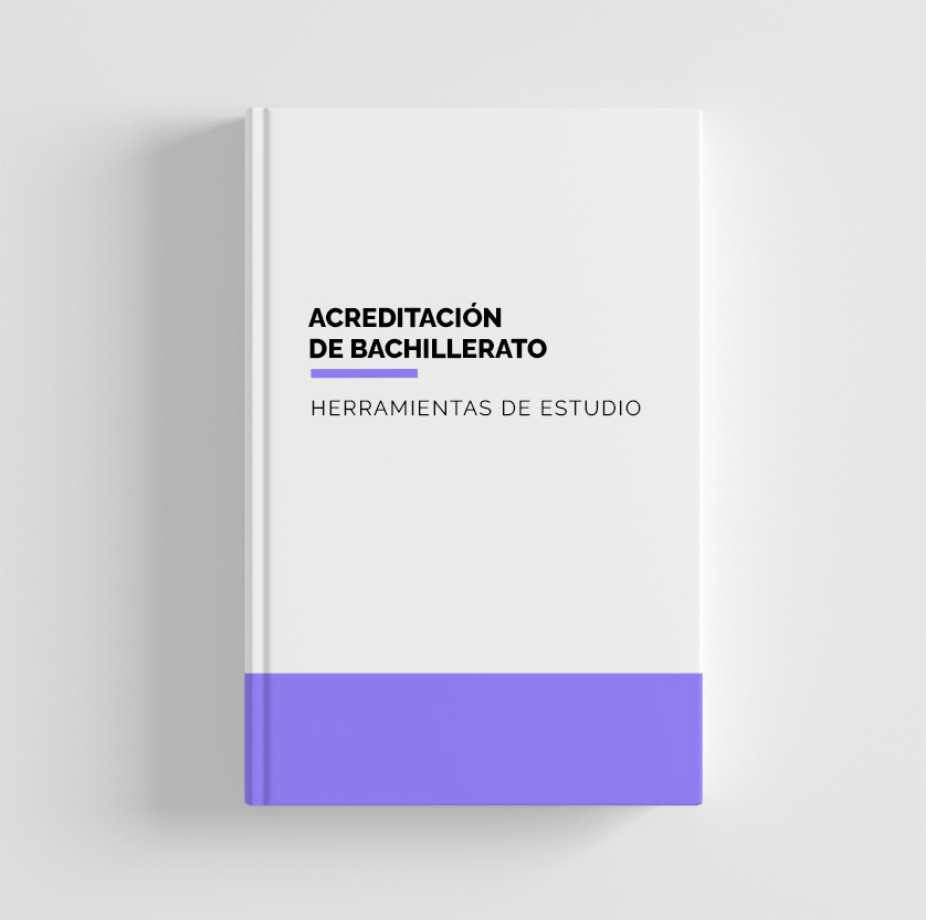 Libro digital en un fondo blanco con colores morado y blanco con el texto en la portada que dice acreditacion del bachillerato